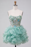 Corsetto verde menta Abito corto di homecoming a livelli senza spalline con volant e ricamo