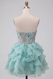 Corsetto verde menta Abito corto di homecoming a livelli senza spalline con volant e ricamo