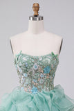 Corsetto verde menta Abito corto di homecoming a livelli senza spalline con volant e ricamo