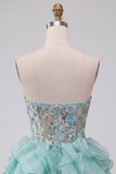 Corsetto verde menta Abito corto di homecoming a livelli senza spalline con volant e ricamo
