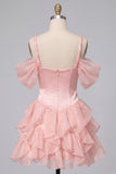 Corsetto rosa con spalle fredde e abito corto da homecoming con orlo a volette