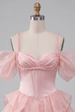 Corsetto rosa con spalle fredde e abito corto da homecoming con orlo a volette