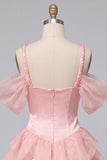 Corsetto rosa con spalle fredde e abito corto da homecoming con orlo a volette