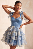 Abito di Homecoming a a stelle grigio blu con perline con fascia a fiocco e fascia a fiocco