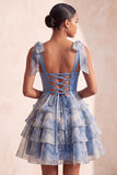 Abito di Homecoming a a stelle grigio blu con perline con fascia a fiocco e fascia a fiocco