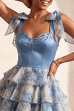 Abito di Homecoming a a stelle grigio blu con perline con fascia a fiocco e fascia a fiocco