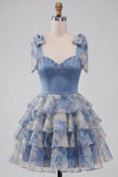 Abito di Homecoming a a stelle grigio blu con perline con fascia a fiocco e fascia a fiocco