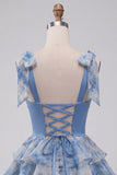 Abito di Homecoming a a stelle grigio blu con perline con fascia a fiocco e fascia a fiocco
