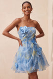 Abito corto di homecoming grigio blu senza spalline a linea a A con fiori 3D