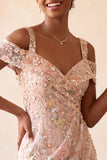 Blush Bodycon Vestito corto floreale a spalle fredde per il ritorno a casa con ricamo