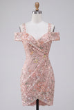 Blush Bodycon Vestito corto floreale a spalle fredde per il ritorno a casa con ricamo