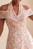 Abito corto da homecoming con paillettes ricamato a flore, paillettes, spalla a spalla fredda