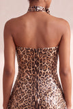 Abito corto senza spalline a fine homecoming con stampa leopardata e paillettes scintillanti con collarino a rosetta