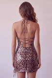 Abito Mini cocktail con Bodycon Halter con stampa leopardata e cordini