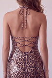 Abito Mini cocktail con Bodycon Halter con stampa leopardata e cordini