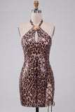 Abito Mini cocktail con Bodycon Halter con stampa leopardata e cordini