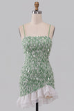 Abito di cocktail verde bodycon scollo quadrato con frange di paillettes e orlo asimmetrico