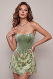 Corsetto di Salvia Polverosa Velluto Vestito Corto Floreale Senza Spalline per il cocktail
