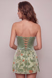 Corsetto di Salvia Polverosa Velluto Vestito Corto Floreale Senza Spalline per il cocktail