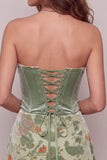 Corsetto di Salvia Polverosa Velluto Vestito Corto Floreale Senza Spalline per il cocktail