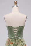 Corsetto di Salvia Polverosa Velluto Vestito Corto Floreale Senza Spalline per il cocktail