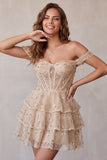 Corsetto champagne spuntato sulle spalle abito corto di fine anno con perline