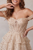 Corsetto champagne spuntato sulle spalle abito corto di fine anno con perline