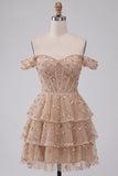 Corsetto champagne spuntato sulle spalle abito corto di fine anno con perline
