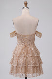 Corsetto champagne spuntato sulle spalle abito corto di fine anno con perline