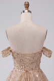 Corsetto champagne spuntato sulle spalle abito corto di fine anno con perline