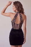 Corsetto nero cappellina velluto arricciato scollo a V profondo vestito corto da ritorno a casa con ricamo