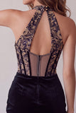 Corsetto nero cappellina velluto arricciato scollo a V profondo vestito corto da ritorno a casa con ricamo
