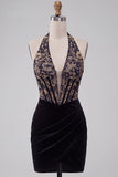 Corsetto nero cappellina velluto arricciato scollo a V profondo vestito corto da ritorno a casa con ricamo
