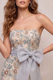 Bodycon Sequins grigio chiaro abito corto di cocktail senza spalline con perline fiocco