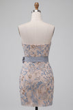 Bodycon Sequins grigio chiaro abito corto di cocktail senza spalline con perline fiocco
