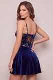 Corsetto di velluto blu navy con stampa floreale e abito corto per il ritorno a casa