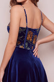 Corsetto di velluto blu navy con stampa floreale e abito corto per il ritorno a casa