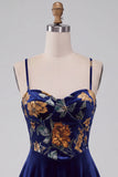 Corsetto di velluto blu navy con stampa floreale e abito corto per il ritorno a casa