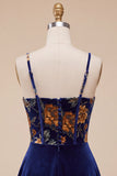 Corsetto di velluto blu navy con stampa floreale e abito corto per il ritorno a casa