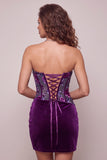 Corsetto di velluto viola bodycon senza spalline e rugate floreali per il resto a casa vestito corto di ritorno