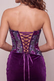 Corsetto di velluto viola bodycon senza spalline e rugate floreali per il resto a casa vestito corto di ritorno