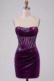 Corsetto di velluto viola bodycon senza spalline e rugate floreali per il resto a casa vestito corto di ritorno