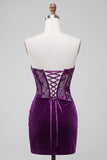 Corsetto di velluto viola bodycon senza spalline e rugate floreali per il resto a casa vestito corto di ritorno