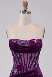 Corsetto di velluto viola bodycon senza spalline e rugate floreali per il resto a casa vestito corto di ritorno