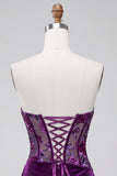 Corsetto di velluto viola bodycon senza spalline e rugate floreali per il resto a casa vestito corto di ritorno