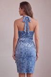 Abito di cocktail midi in velluto ardesia blu Bodycon Hooder con fascia