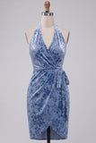 Abito di cocktail midi in velluto ardesia blu Bodycon Hooder con fascia
