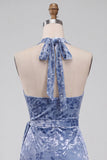 Abito di cocktail midi in velluto ardesia blu Bodycon Hooder con fascia