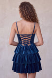 Corsetto A blu navy Burnout Velluto a livelli con volant Abito corto di cocktail con pizzo sulla schiena