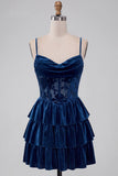 Corsetto A blu navy Burnout Velluto a livelli con volant Abito corto di cocktail con pizzo sulla schiena